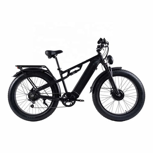 A black fat-tire electric bicycle with a rear cargo rack, front suspension fork, and integrated headlight, shown from a side profile on a solid white background.