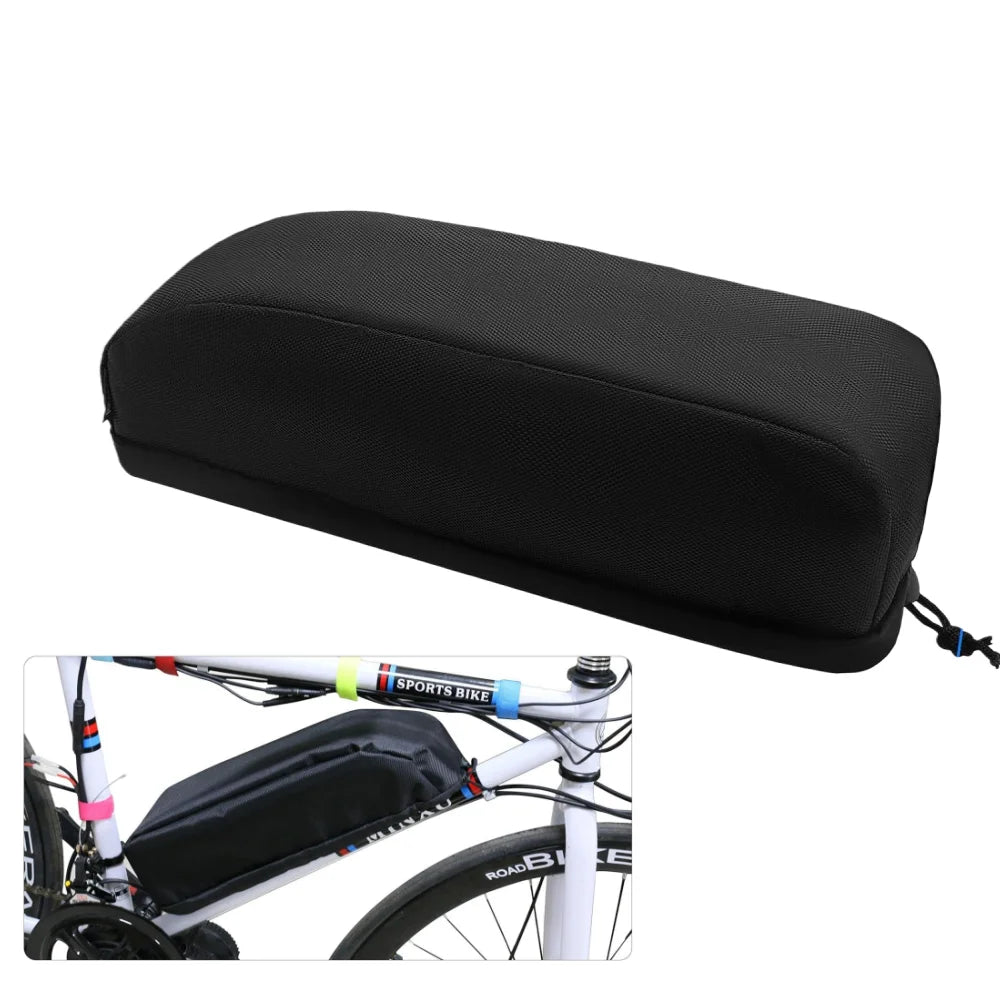 Black bicycle frame bag shown on a white background, with a small inset photo at the bottom left demonstrating the bag mounted on a bicycle.