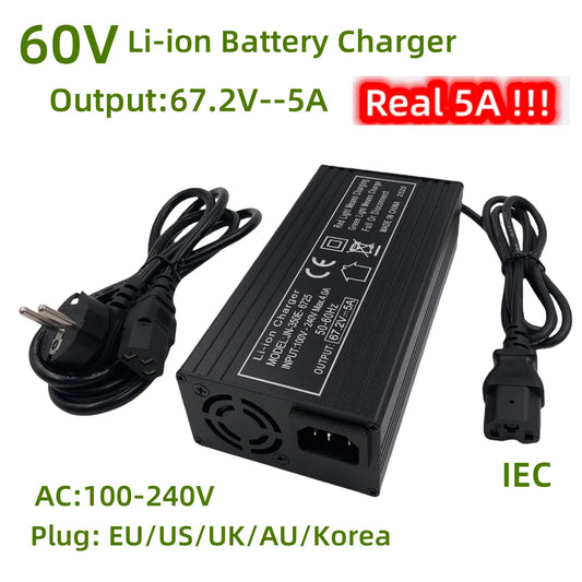 Black 60V Li-ion battery charger with a 3-prong AC power plug and a multi-pin connector, shown on a white background with green and red text overlays detailing its specifications.