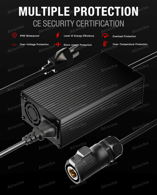 A black rectangular electronic module with ribbed sides and attached cables, shown on a dark background with promotional text reading 'MULTIPLE PROTECTION' and feature callouts including CE security certification, IP65 waterproof, energy efficiency, overload protection, short-circuit protection, and over-temperature protection. Repeated 'Airecho' watermarks are visible across the image.