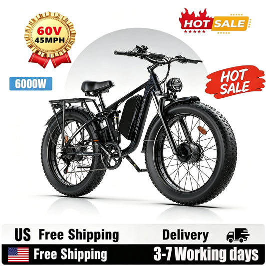 A black electric fat tire bike with a front headlight, rear rack, and large knobby tires, shown on a white background with promotional badges including '60V 45MPH', '6000W', 'HOT SALE', and shipping/delivery text.