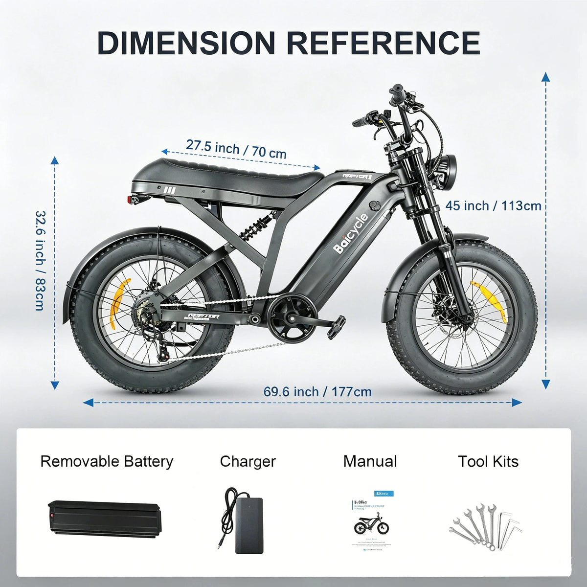 A dimension reference diagram showing a dark gray electric fat-tire bicycle with labeled measurements for length, height, and wheelbase, plus included accessories listed below on a white background.