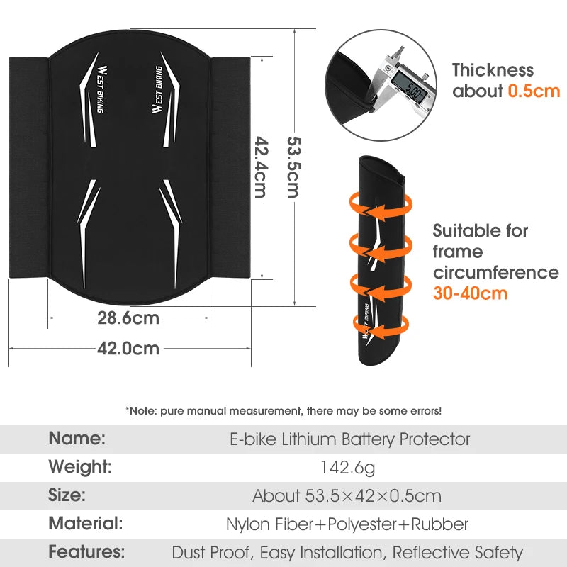 Black e-bike lithium battery protector with white reflective stripes, shown with dimensions, a thickness inset, a spiral fit diagram, and a features summary on a light gray background.