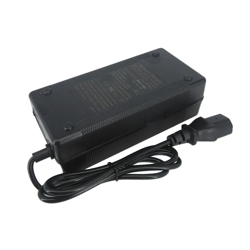 Black power adapter with cable on a white background