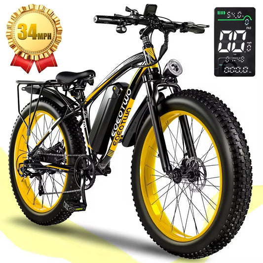 Electric bike with yellow wheels and digital display on a white background