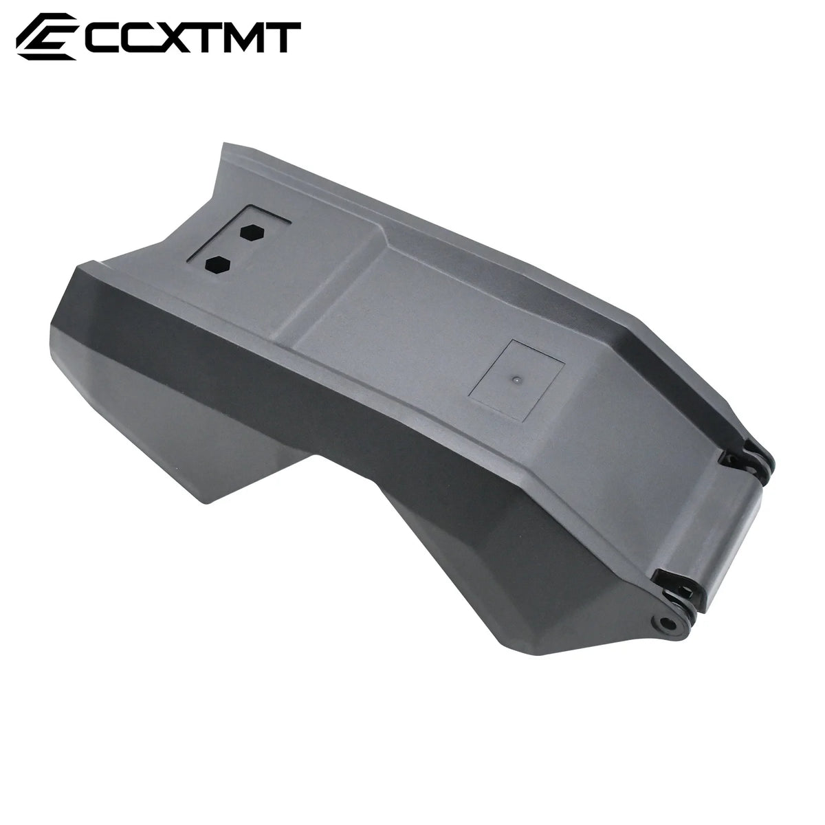 A dark gray plastic mechanical part, likely a chassis or frame component, shown on a plain white background with the brand logo 'ECXTMT' in the top-left corner.