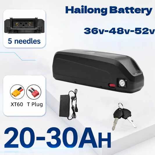 Hailong battery 20-30Ah for electric bicycles, shown with its charger, two keys, and accessories on a white background with blue text overlays.