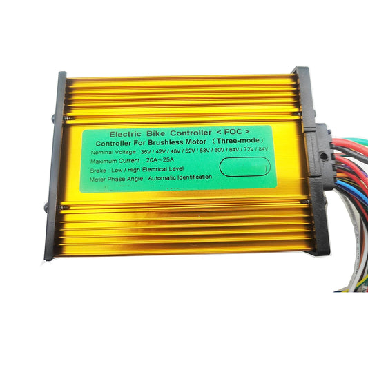 An electric bike controller for brushless motors, featuring a yellow ribbed metal casing, a green label with white text, and black plastic end caps, with multicolored wires extending from the right side.