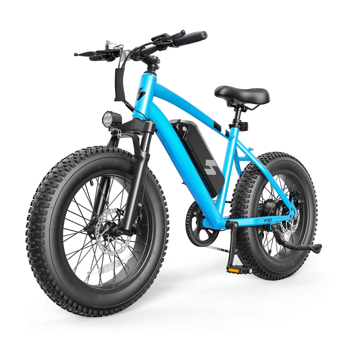 A bright blue electric fat tire bike with black components, a black saddle, and a black battery mounted on the frame, shown on a clean white background.
