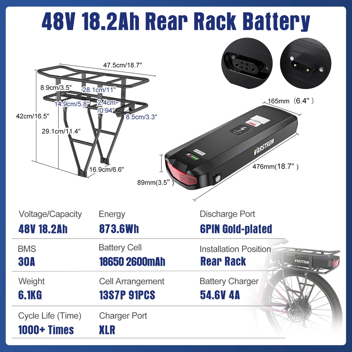 A product infographic for a 48V 18.2Ah rear rack battery.