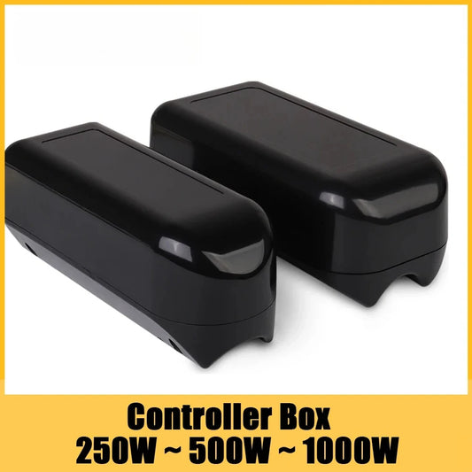 Two black rectangular controller boxes shown on a white background with a yellow border and text at the bottom reading 'Controller Box 250W ~ 500W ~ 1000W'.