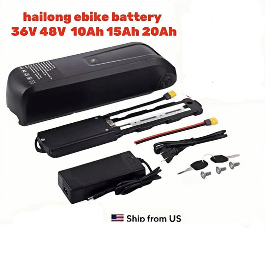 Hailong e bike battery with accessories and DHL shipping logo on a white background
