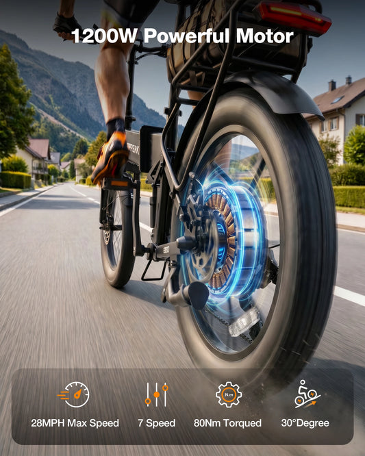 Rear view of an electric bicycle being ridden on a road with a mountain backdrop, featuring a highlighted rear wheel motor area and overlaid marketing text reading '1200W Powerful Motor' plus feature icons at the bottom.