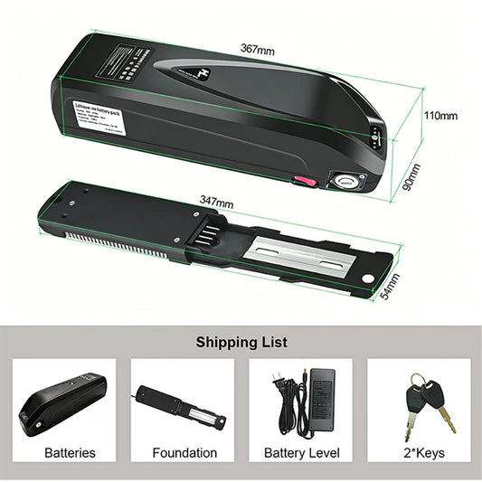 Black rectangular handheld device shown from top and side views with green dimension lines and a shipping list below showing batteries, foundation, battery level, and 2 keys.