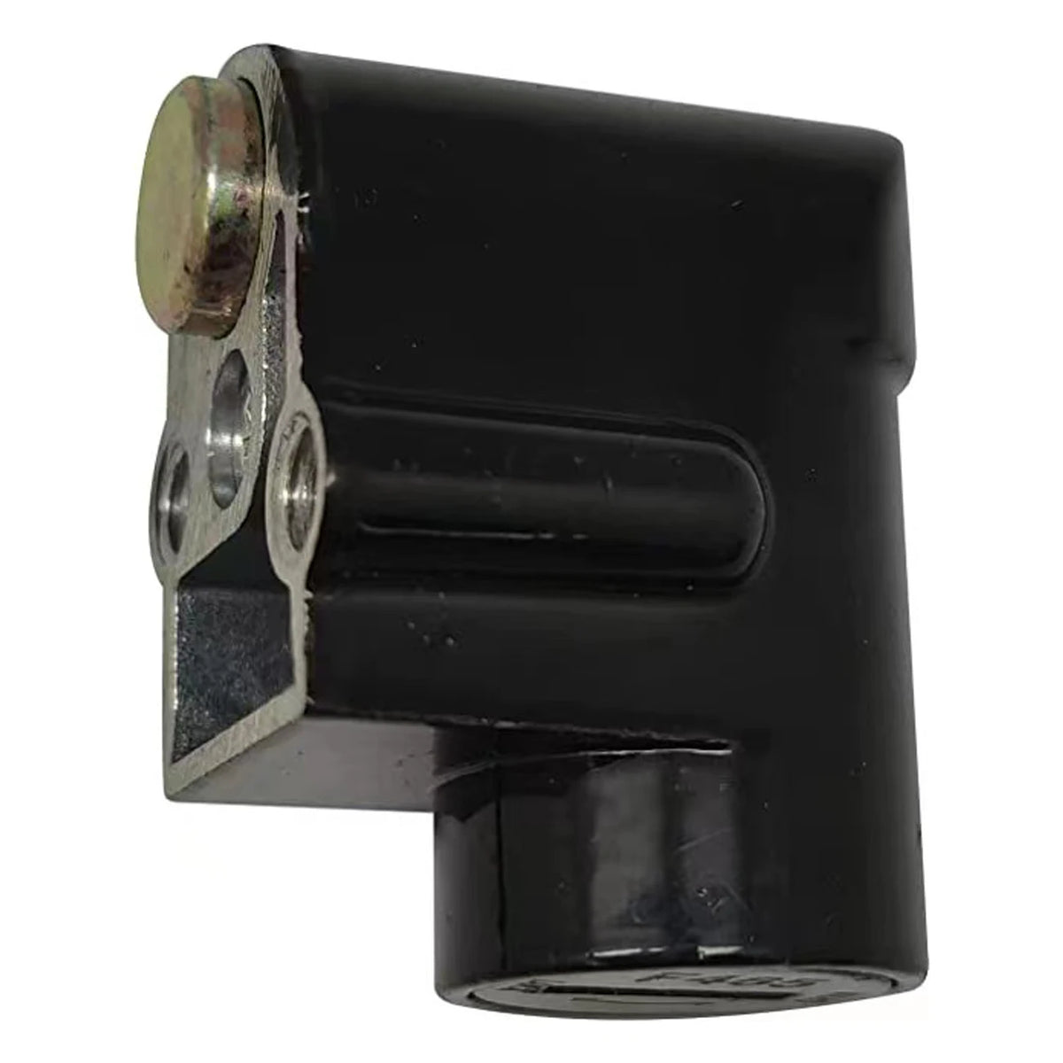 A black plastic and metal automotive or industrial component with a cylindrical outlet and a mounting bracket, shown on a plain white background.
