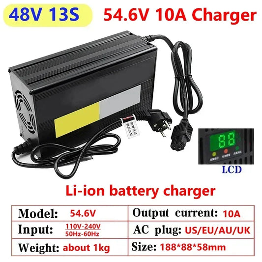 Black 54.6V 8A Li-ion battery charger with a power cord, shown on a white background with text specs and a small LCD display inset.