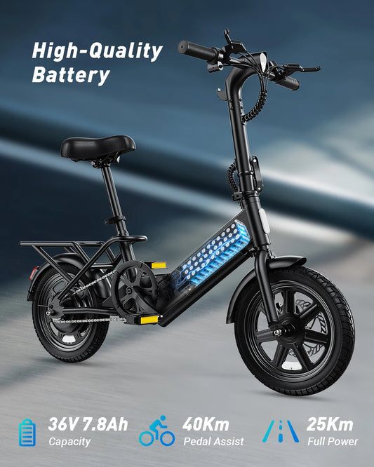 Black electric bike with battery details on a gray background