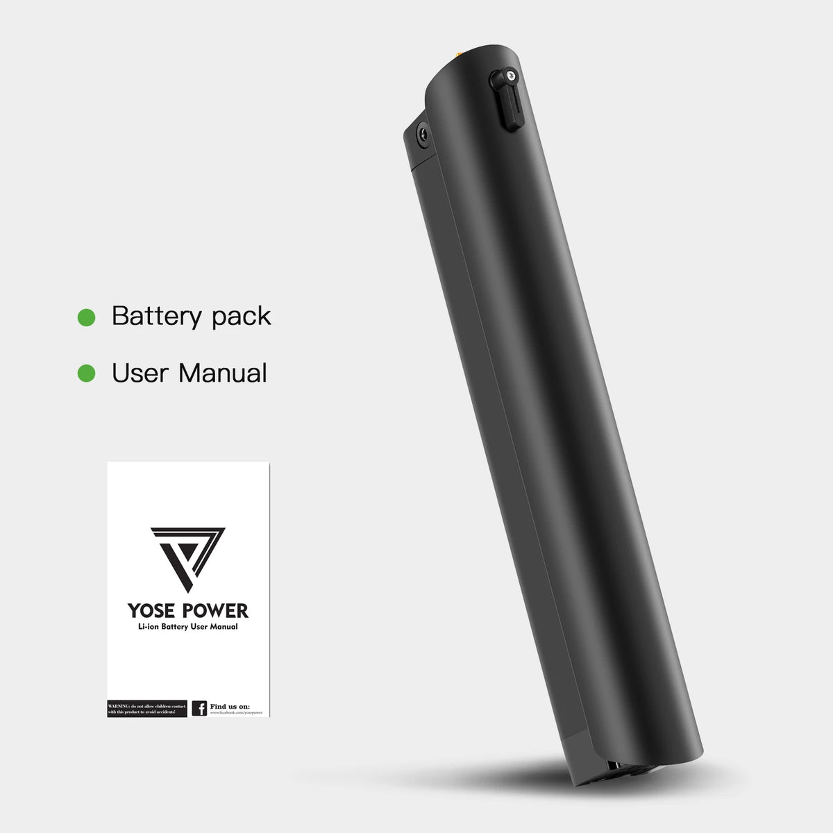 A black cylindrical battery pack shown at an angle on a light gray background, with text reading 'Battery pack' and 'User Manual' plus a small Yeose Power manual cover visible.