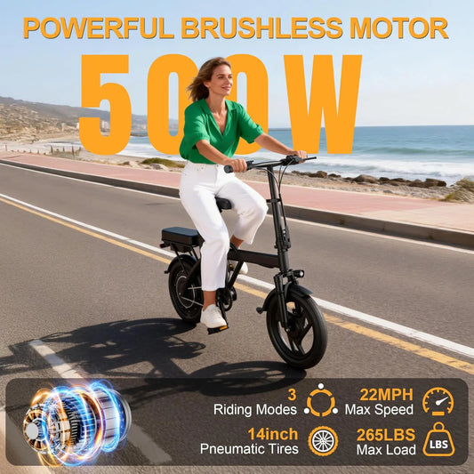 Woman riding an electric bike on a road with ocean view, featuring text about the bike's specifications.