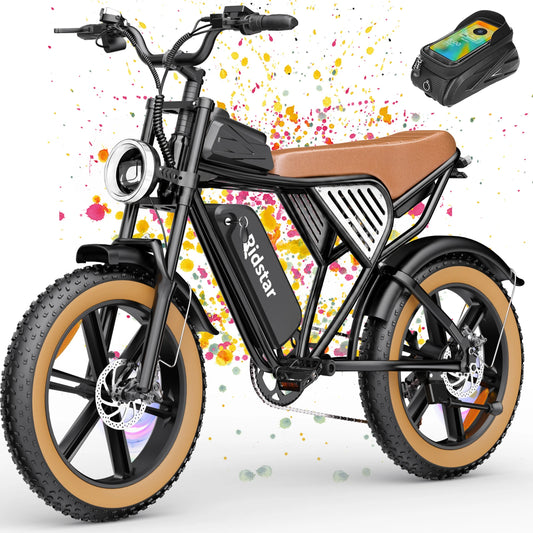 A black electric bicycle with tan sidewall tires, a brown seat, and a visible Ridstar battery pack, shown on a white background with colorful paint splatters and a small inset of a matching bag.