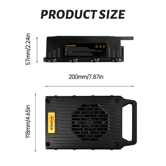 Product size diagram showing a black rectangular electronic device from two angles with dimension labels: 57mm/2.24in height, 200mm/7.
