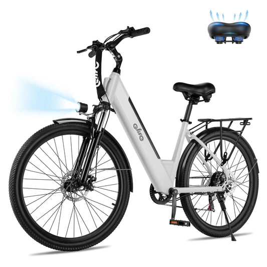 A white and black electric bicycle with a rear cargo rack, shown on a clean white background. A small inset at the top right shows a blue-lit saddle, and light blue graphic effects indicate propulsion or lighting features.