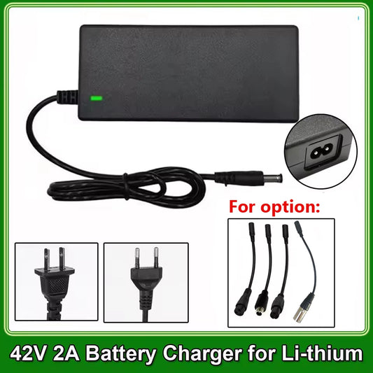 Black 42V 2A battery charger adapter with a coiled power cord, shown on a white background with inset images of different plug types and connector options, labeled 'For option:' and '42V 2A Battery Charger for Li-thium'.