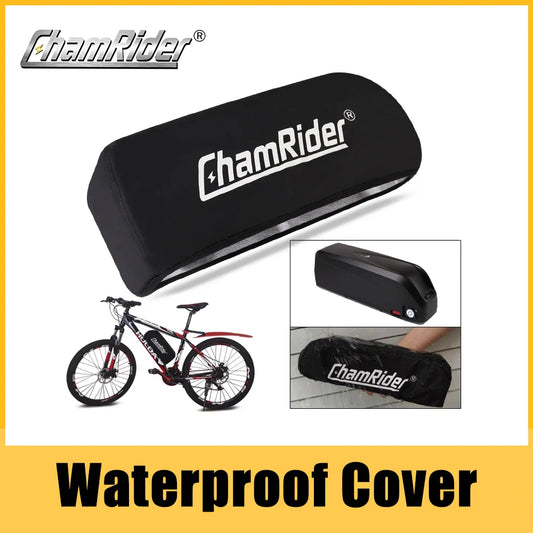 ChamRider waterproof cover for an electric bicycle, shown in a main product view, a small inset of the cover installed on a bike, and a bottom inset of the cover being worn. The image includes a large 'ChamRider' logo at the top left and 'Waterproof Cover' text at the bottom.