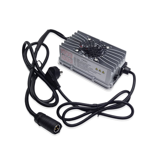 A silver aluminum heat sink power adapter with a built-in cooling fan, connected to a black power cord with a plug and a black connector, shown on a white background.