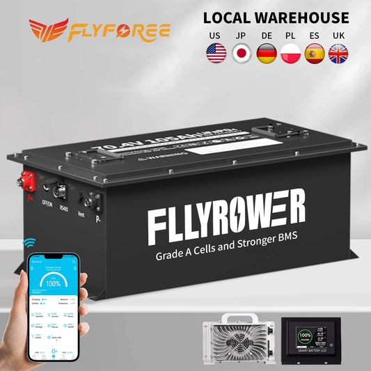 Black FLYYROWER portable battery with a digital smartphone app screen shown in a hand, plus small accessory views, on a light gray background with 'LOCAL WAREHOUSE' and country flags at the top.