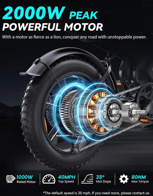 Promotional graphic for a powerful electric motorcycle motor, featuring a close-up of the rear wheel and drivetrain with glowing blue circular highlights. Large text reads '2000W PEAK POWERFUL MOTOR' with additional specs at the bottom including 1000W rated motor, 40MPH top speed, 35° max slope, and 80Nm max torque.