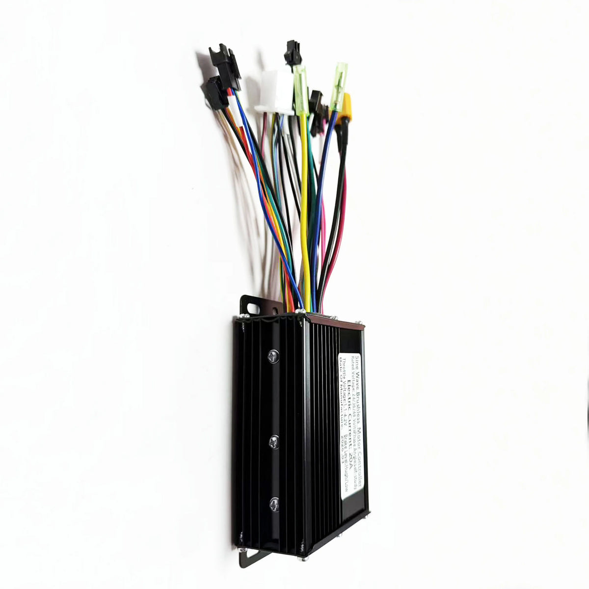 A black metal electronic controller module with multiple multicolored wires and connectors attached to the top, shown against a plain white background.