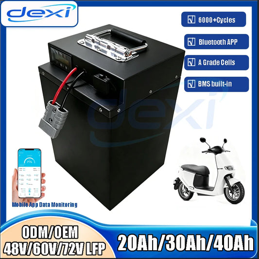 Black rectangular lithium-ion battery pack with a handle on top, red and black cable leads, and a silver connector, shown on a white background with promotional text, a smartphone app icon, and a scooter illustration. Brand name 'dexi' is visible.