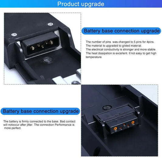 Technical product upgrade diagram showing two close-up views of a black battery base connector with text explaining pin reduction from 5 to 4 and improved contact performance.