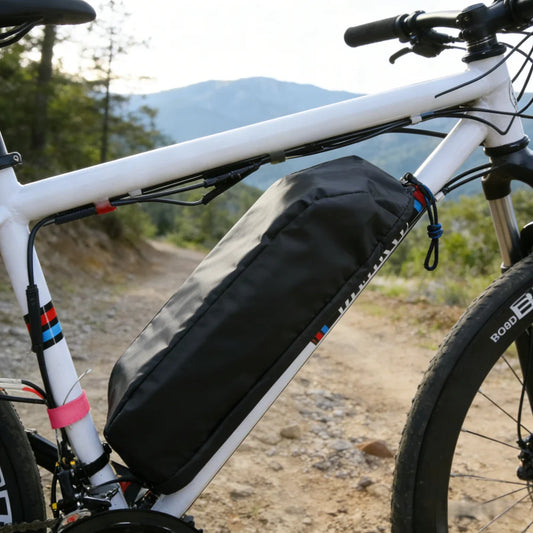 A black bicycle frame bag mounted on the down tube of a white mountain bike, shown outdoors on a dirt trail with mountains in the background.