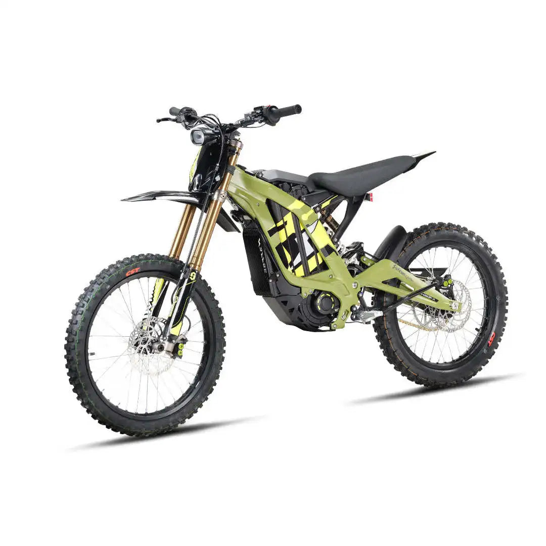 An electric dirt bike in olive green and black with gold front forks, photographed from a three-quarters angle on a white background.