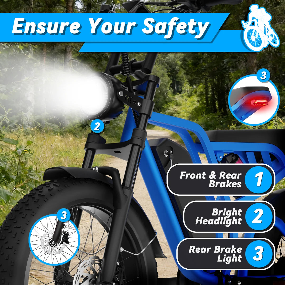 Blue electric bike with features highlighted, including front and rear brakes, bright headlight, and rear brake light, with a safety message.
