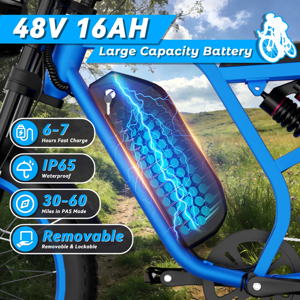 Blue electric bike with large capacity battery pack on a natural background