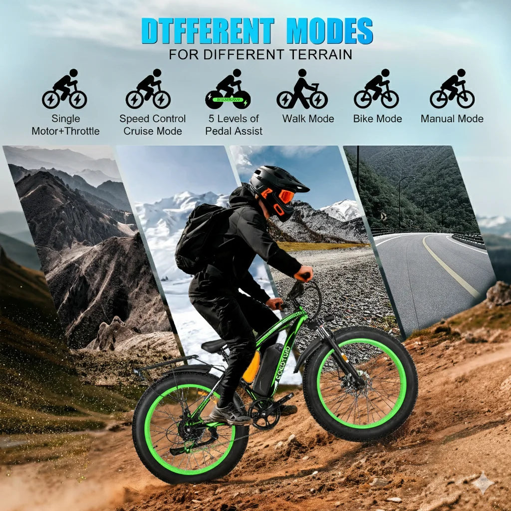 Person riding an electric bike on a mountain trail with different modes displayed above.