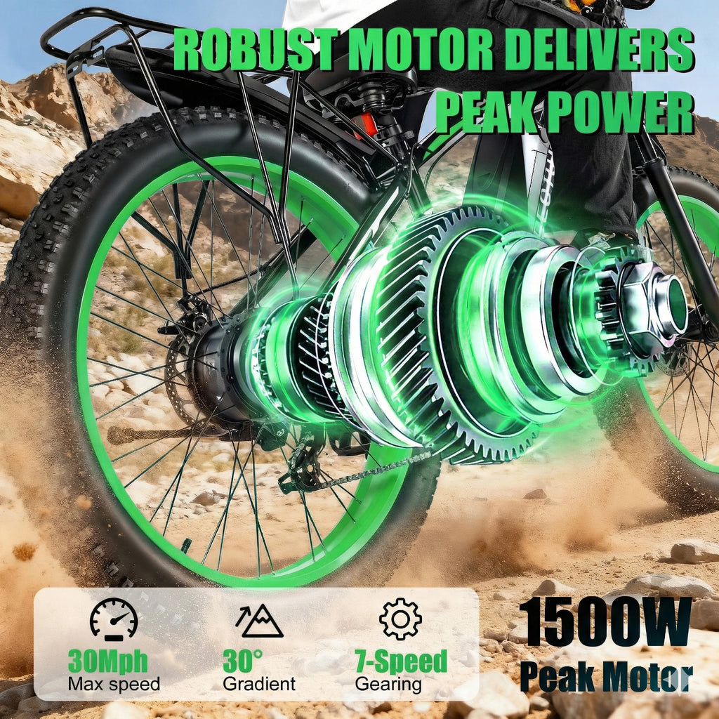 Motorcycle with a highlighted gear system on a desert background, emphasizing peak power and specifications.
