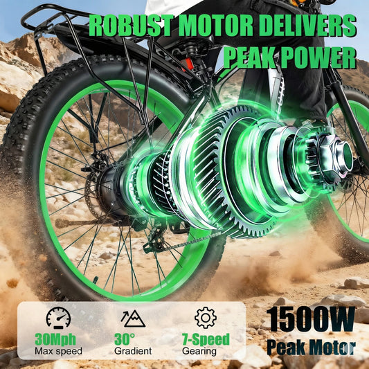 26-inch fat tire electric bike with 48V 20Ah battery, high-carbon steel frame and blue or green color options