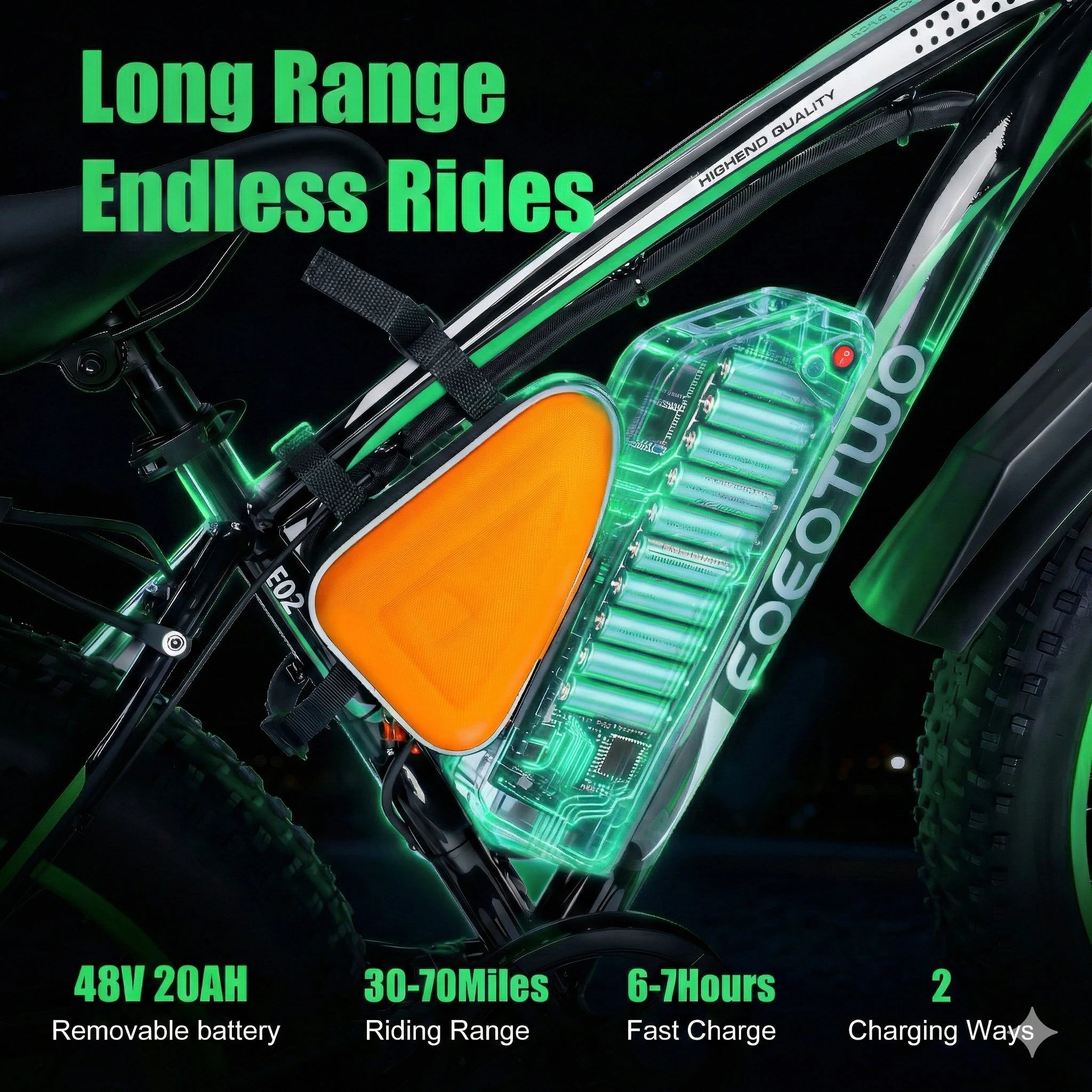 Bicycle battery pack with visible branding on a dark background