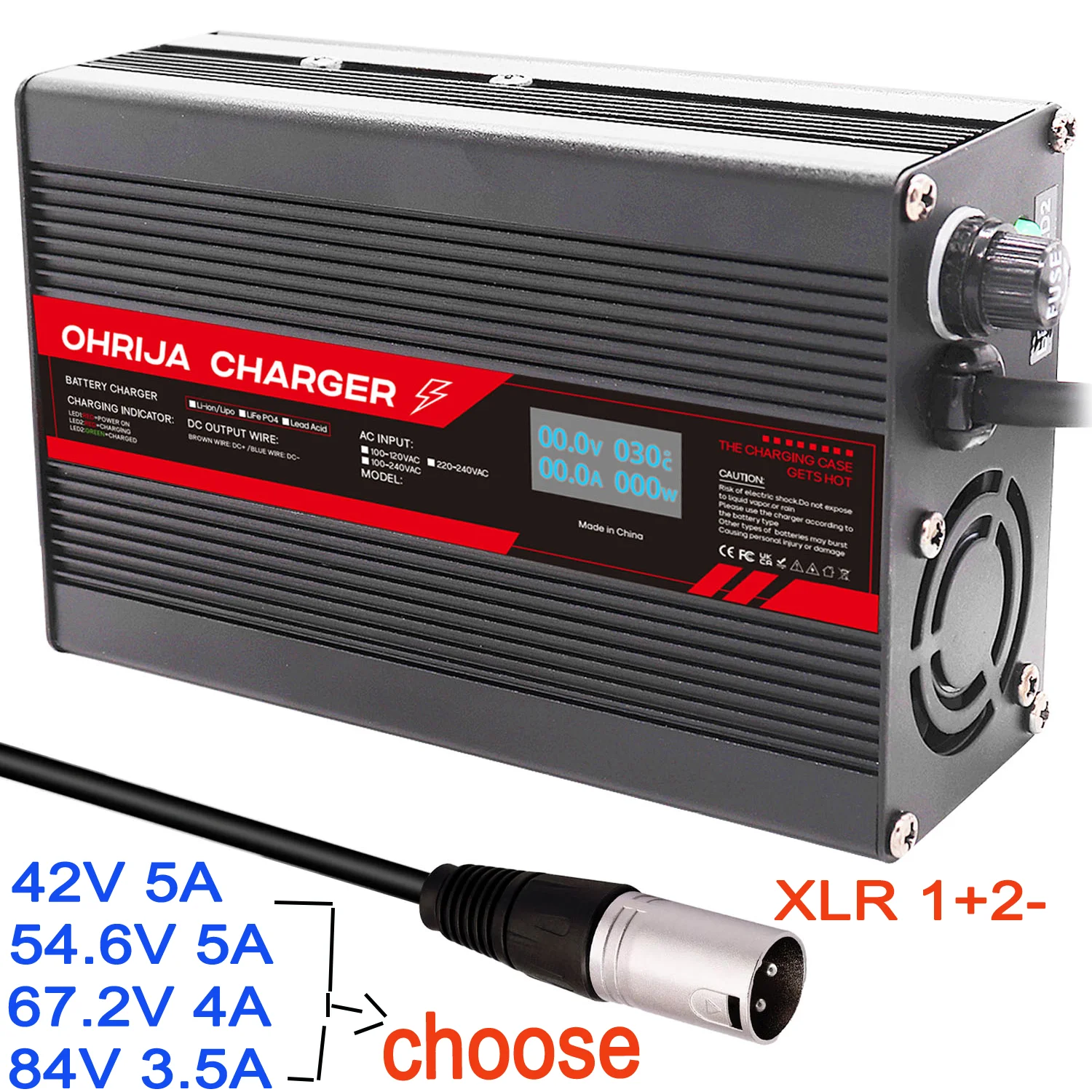 A black Ohrija Charger power supply unit with a red and black label, shown alongside a black cable and connector, with text indicating selectable voltages and XLR 1+2- output.