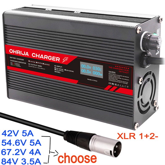 A black Ohrija Charger power supply unit with a red and black label, shown alongside a black cable and connector, with text indicating selectable voltages and XLR 1+2- output.