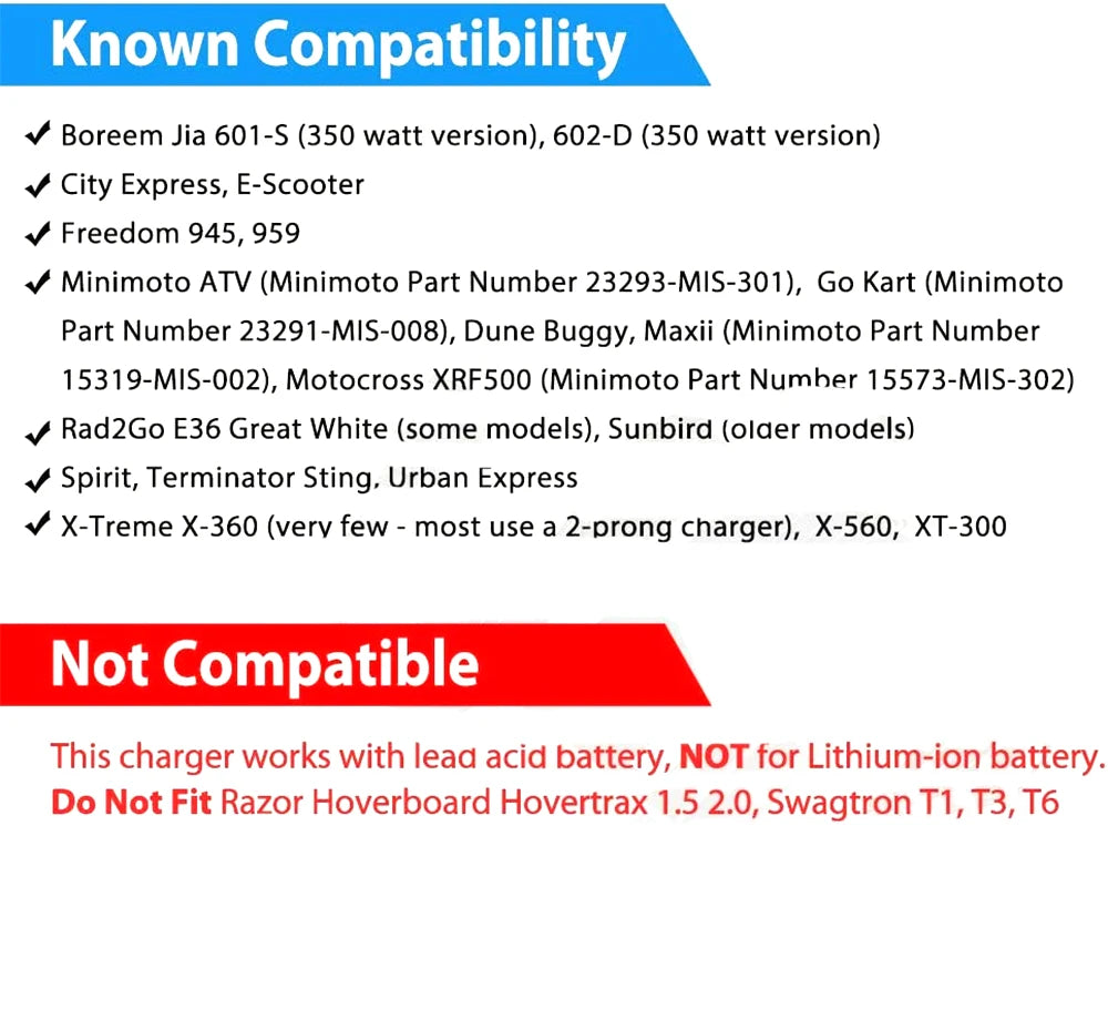Compatibility information graphic for a battery charger, listing known compatible electric vehicles and brands like Borem, City Express, Freedom, Minimo, Rad2Go, Spirit, and X-Treme, with a red 'Not Compatible' section detailing exclusions for lead-acid batteries and specific EV models.