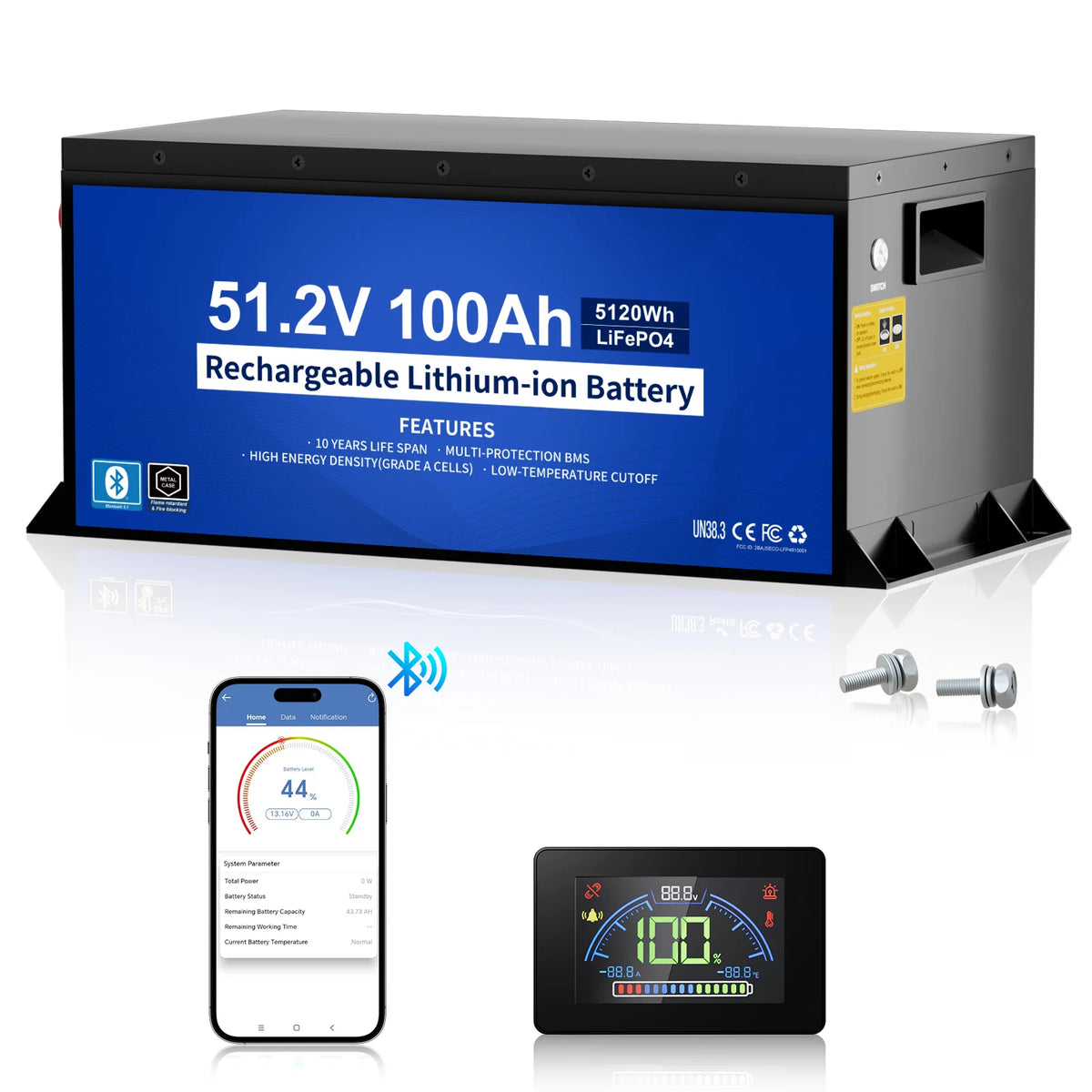 A 51.2V 100Ah rechargeable lithium-ion battery shown as a large rectangular unit with a blue front label and gray metal casing, alongside a smartphone app screen, a digital control display, and mounting hardware on a white background.