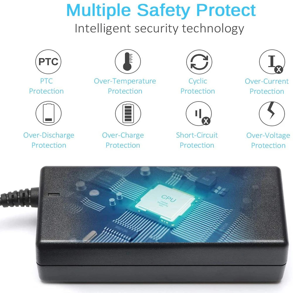 A black rectangular electronic power adapter or charger with a cable, shown on a white background with marketing text and icons about protection features such as PTC, over-temperature, cyclic, over-current, over-discharge, over-charge, short-circuit, and over-voltage protection.