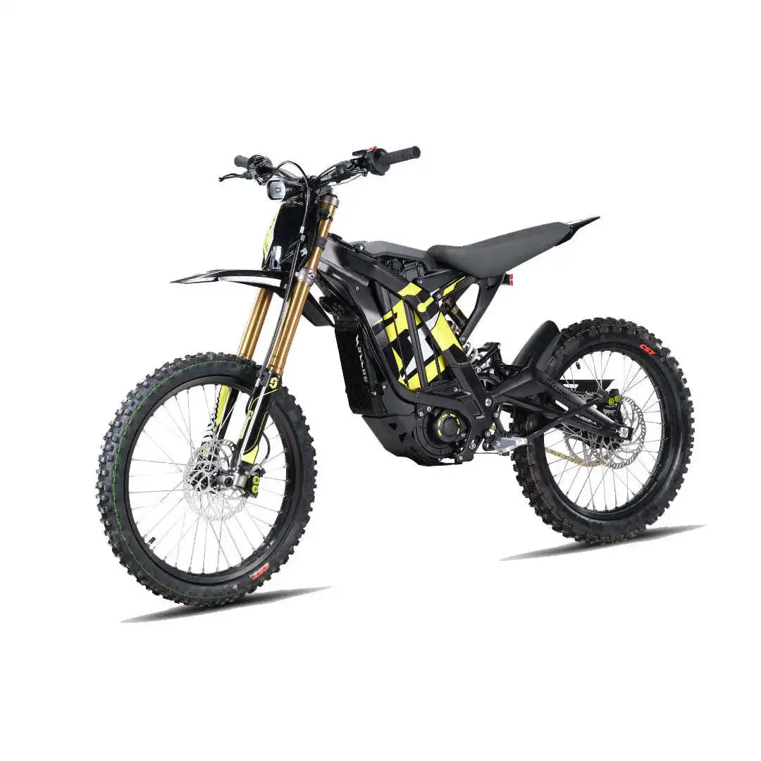 A black electric dirt bike with yellow graphic accents, gold front suspension forks, and knobby tires, shown from a three-quarters front angle on a white background.