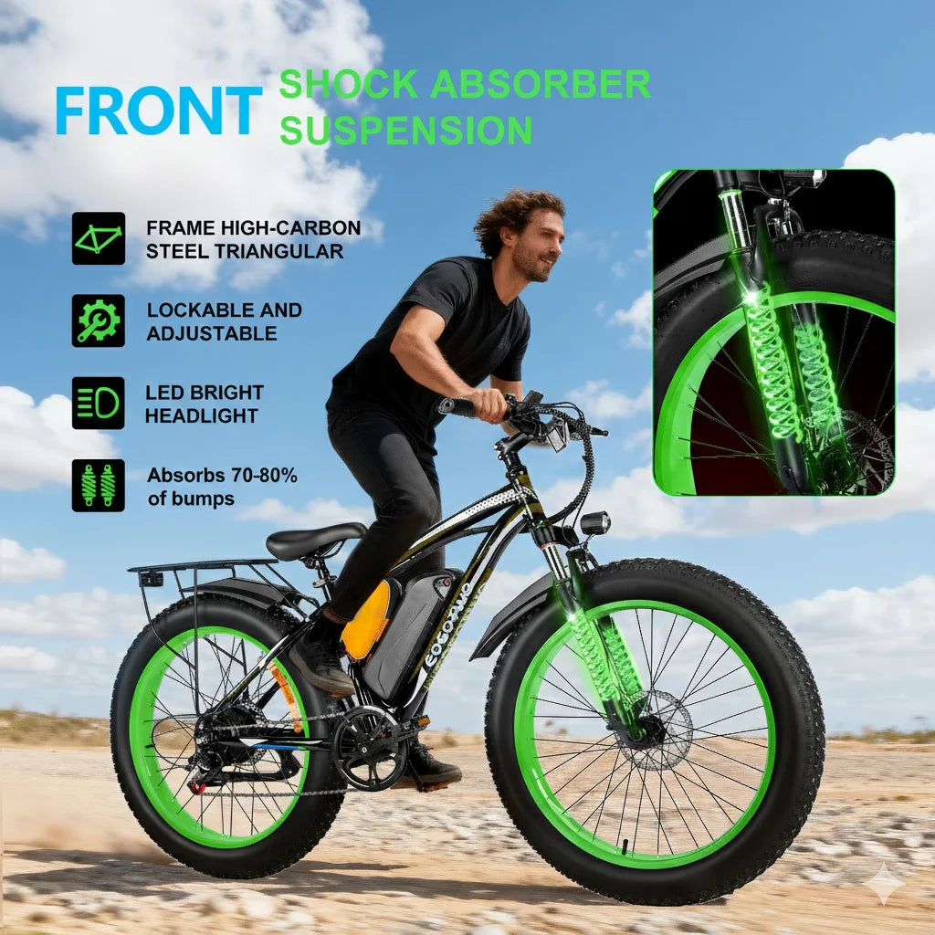 Man riding a green electric bike with text highlighting features like front shock absorber suspension on a blue sky background.