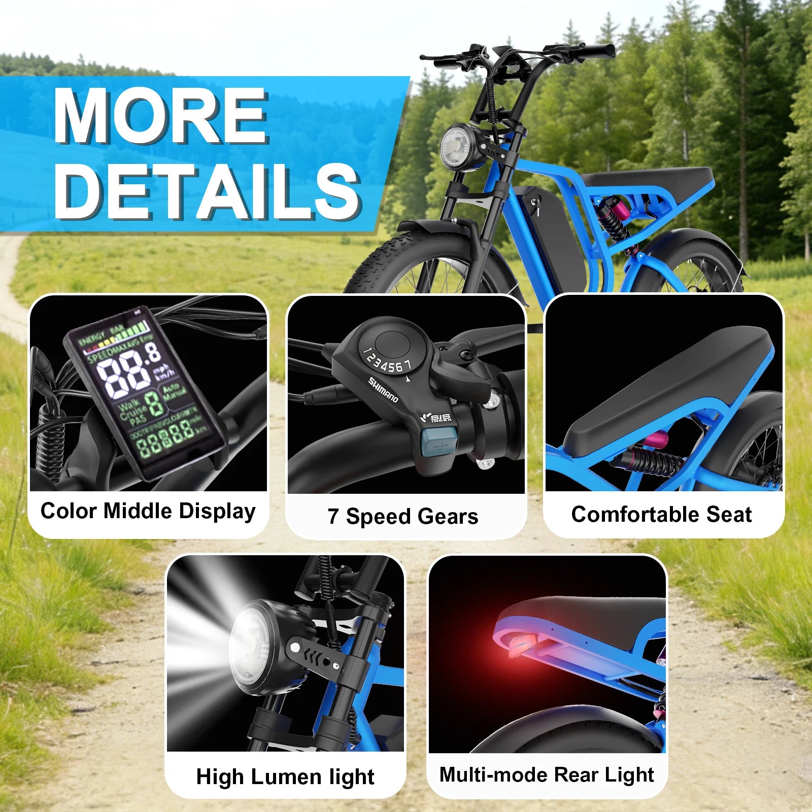 Electric bike with features highlighted on a natural background